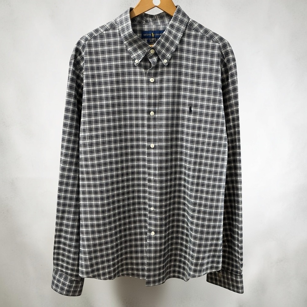 Ralph Lauren Men XXL Luxury Twill Plaid Button Down Shirt Grey White Long Sleeve